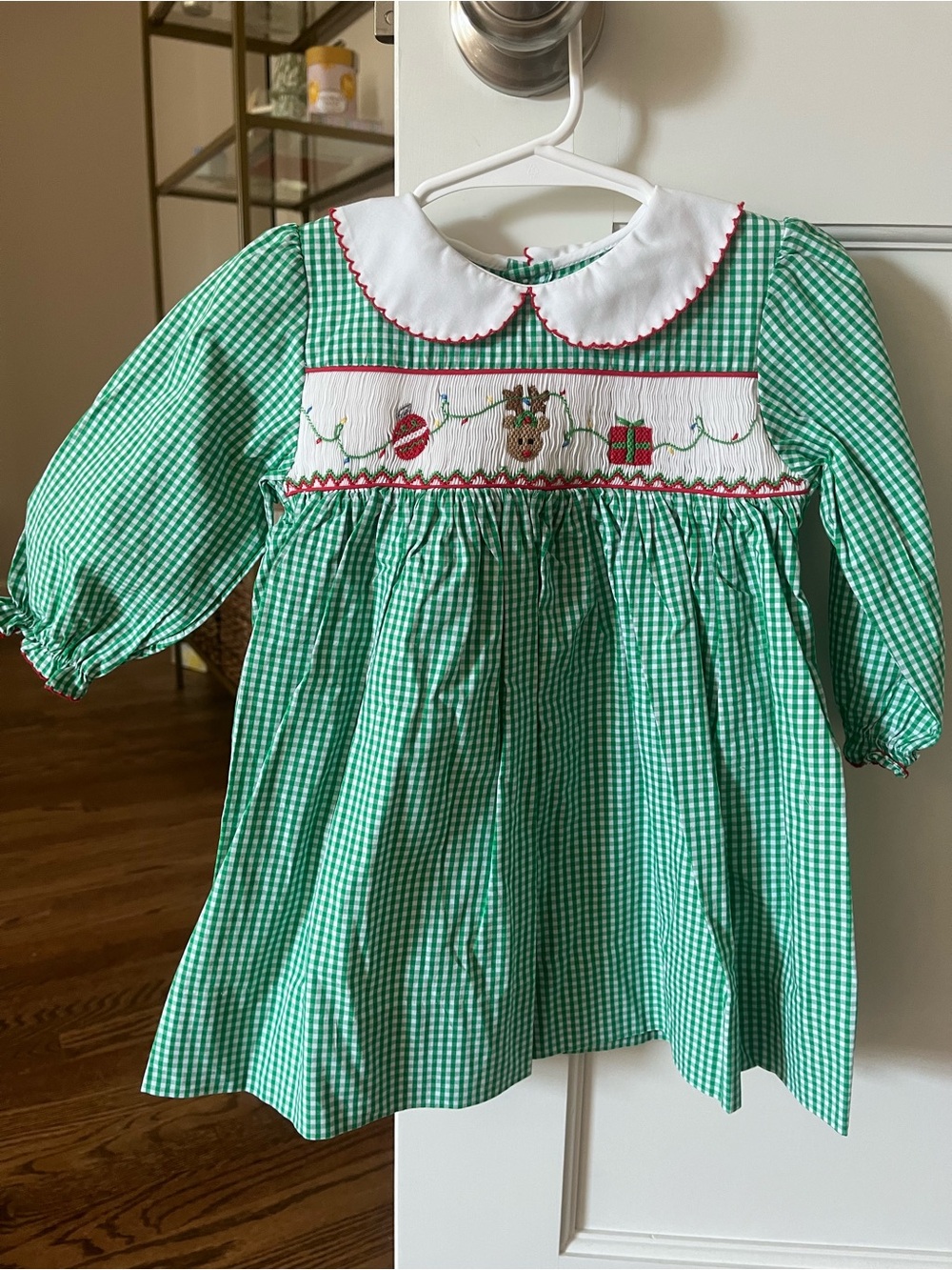 Petit Ami Green Gingham Smocked Holiday Dress with White Collar